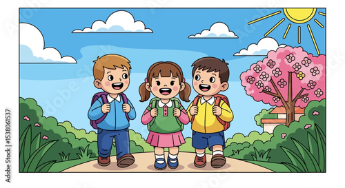 Adobe illustrator artwork vector illustration of three happy kids with backpacks walking a path through a sunny park, on their way to school or a fun summer activity