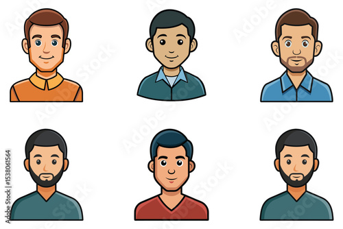 Cartoon Avatar Collection Diverse Men with Various Hairstyles Skin Tones and Facial Hair on a White Background