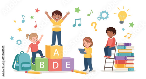 Adobe illustrator artwork vector illustration of diverse, happy children engaging in various learning activities with books, blocks, and technology, symbolizing education and creativity