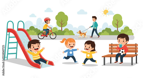 Adobe illustrator artwork vector illustration of cheerful kids enjoying various summer park activities, including sliding, biking, playing soccer, and running, under a bright sun