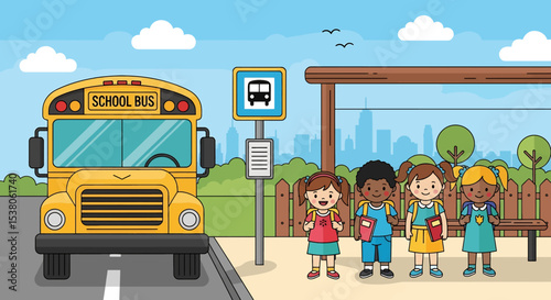 Adobe illustrator artwork vector illustration of diverse young students waiting at a school bus stop, ready for their ride, depicting a routine kids activity