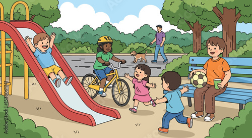 Adobe illustrator artwork vector illustration of cheerful kids enjoying various summer park activities, including sliding, biking, playing soccer, and running, under a bright sun