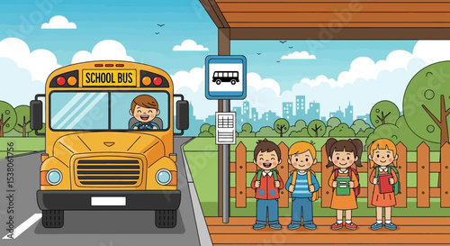 Adobe illustrator artwork vector illustration of diverse young students waiting at a school bus stop, ready for their ride, depicting a routine kids activity