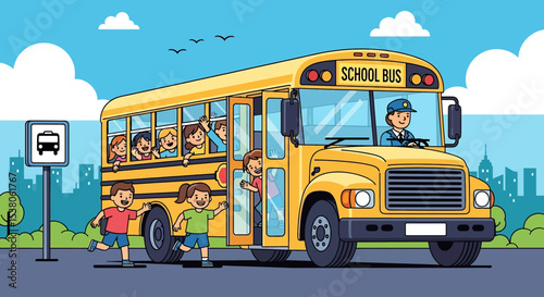 Adobe illustrator artwork vector illustration of happy children riding a yellow school bus, going to or returning from school, capturing a common kids' activity