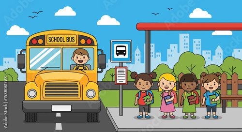 Adobe illustrator artwork vector illustration of diverse young students waiting at a school bus stop, ready for their ride, depicting a routine kids activity