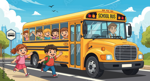Adobe illustrator artwork vector illustration of happy children riding a yellow school bus, going to or returning from school, capturing a common kids' activity