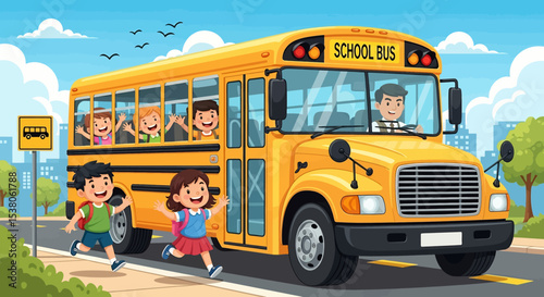 Adobe illustrator artwork vector illustration of happy children riding a yellow school bus, going to or returning from school, capturing a common kids' activity