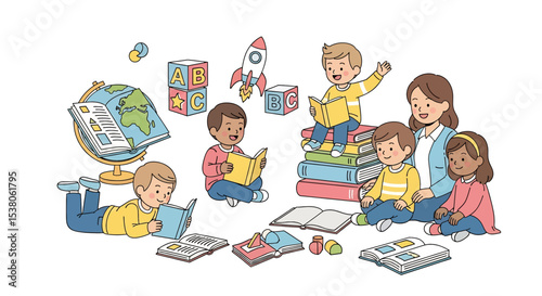 Adobe illustrator artwork vector illustration of a teacher reading with a group of diverse children surrounded by books, fostering a love for learning and reading