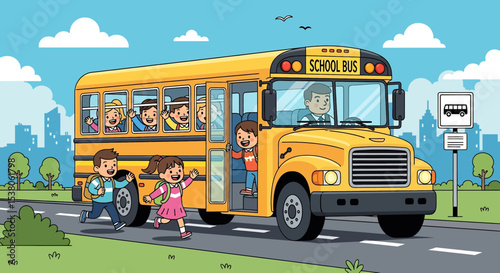 Adobe illustrator artwork vector illustration of happy children riding a yellow school bus, going to or returning from school, capturing a common kids' activity