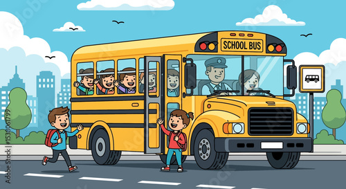 Adobe illustrator artwork vector illustration of happy children riding a yellow school bus, going to or returning from school, capturing a common kids' activity