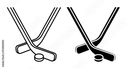 Linear icon. Crossed sports sticks for ice hockey behind black rubber puck. Sport competition. Fighting in ice arena. Simple black and white vector isolated on white background
