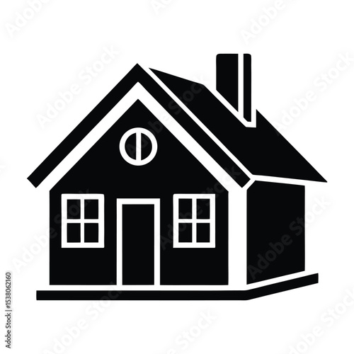 Simple Black and White House Icon with Windows Door Chimney and Circular Window