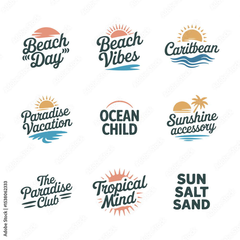 Fototapeta premium Nine Summer Vacation Beach Logos Sun Ocean vector