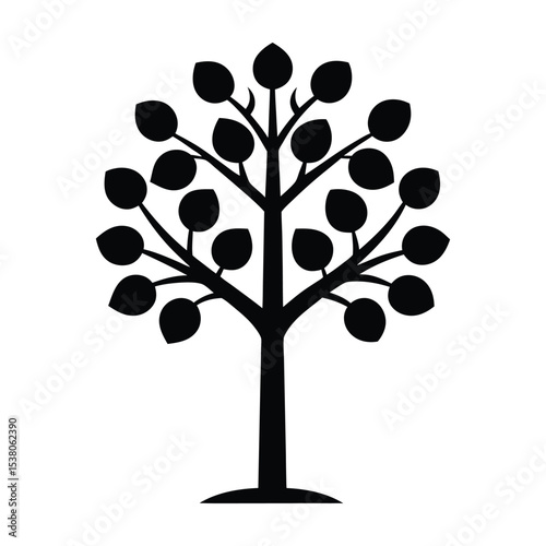 Simple Tree Silhouette with Rounded Leaves on Branches Isolated on White Background for Design Elements