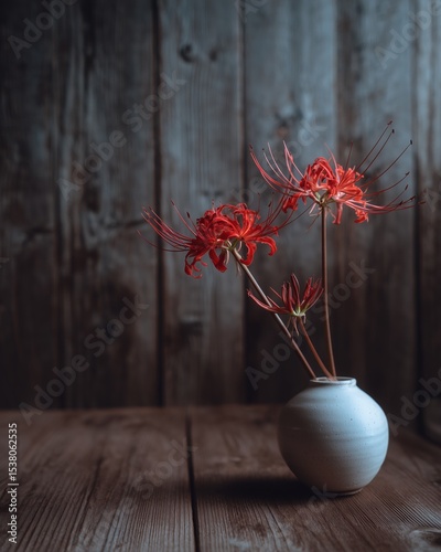 Elegant Red Lycoris Radiata Zen Floral Portrait on Ceramic Vase, Wood Surface, Soft Shadow, Minimalist Japanese Wabi-Sabi Aesthetic
