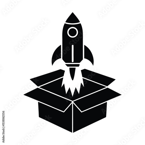 Rocket Launching From Box Representing Innovation Creativity and Thinking Outside the Box