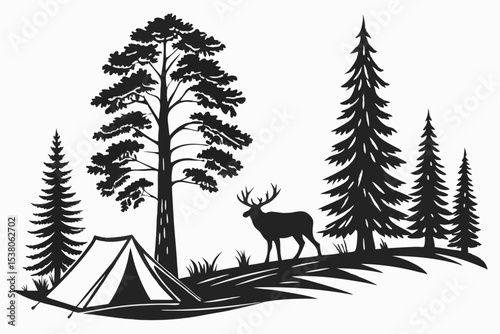 Black silhouette of deer and forest fir trees camping landscape panorama illustration icon vector for logo, isolated on white background