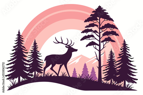 Black silhouette of wild deer and forest fir trees, sunset sunrise sun, wildlife adventure hunting landscape panorama illustration icon vector for logo, isolated on white background