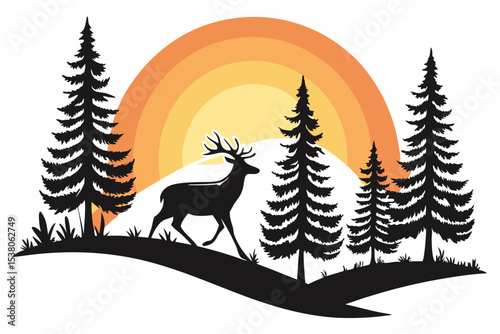 Black silhouette of wild deer and forest fir trees, sunset sunrise sun, wildlife adventure hunting landscape panorama illustration icon vector for logo, isolated on white background