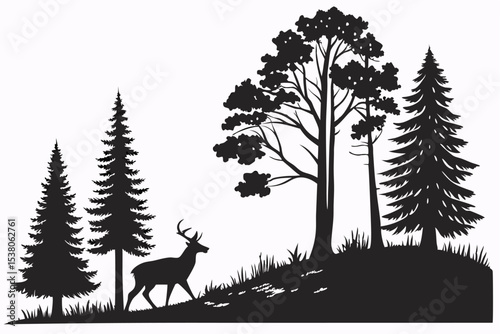 Black silhouette of deer and forest fir trees camping landscape panorama illustration icon vector for logo, isolated on white background
