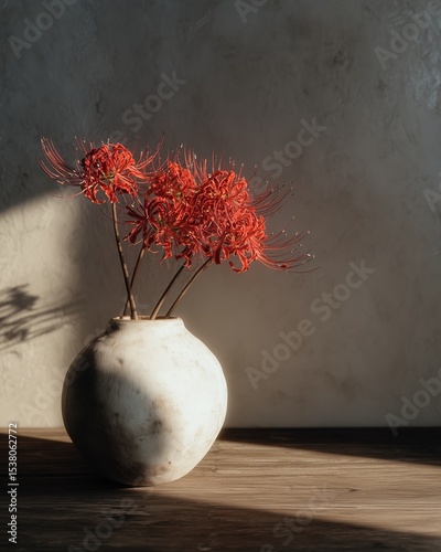 Elegant Red Lycoris Radiata Zen Floral Portrait on Ceramic Vase, Wood Surface, Soft Shadow, Minimalist Japanese Wabi-Sabi Aesthetic