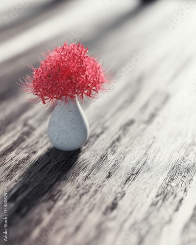 Elegant Red Lycoris Radiata Zen Floral Portrait on Ceramic Vase, Wood Surface, Soft Shadow, Minimalist Japanese Wabi-Sabi Aesthetic