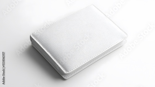 A close up shot of a small white rectangular wallet with rounded edges on a white surface in a studio setting