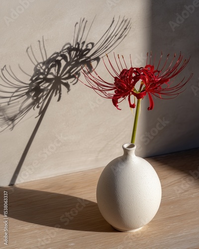 Elegant Red Lycoris Radiata Zen Floral Portrait on Ceramic Vase, Wood Surface, Soft Shadow, Minimalist Japanese Wabi-Sabi Aesthetic