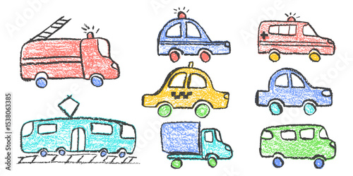 Colorful vector set of crayon drawn vehicles including police, passenger car, ambulance, fire truck, taxi and train. Wax pastel squiggles with charcoal grunge texture for kindergarten education style