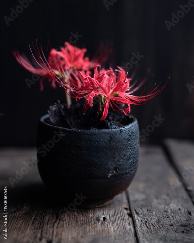 Elegant Red Lycoris Radiata Zen Floral Portrait on Ceramic Vase, Wood Surface, Soft Shadow, Minimalist Japanese Wabi-Sabi Aesthetic