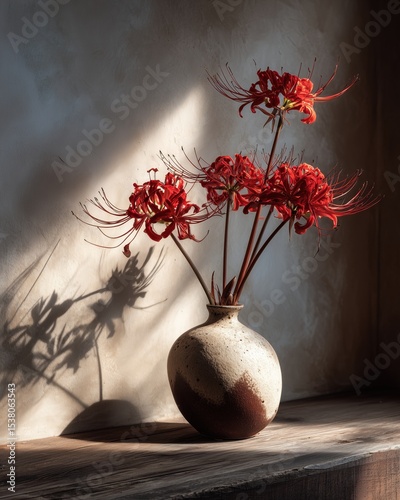 Elegant Red Lycoris Radiata Zen Floral Portrait on Ceramic Vase, Wood Surface, Soft Shadow, Minimalist Japanese Wabi-Sabi Aesthetic