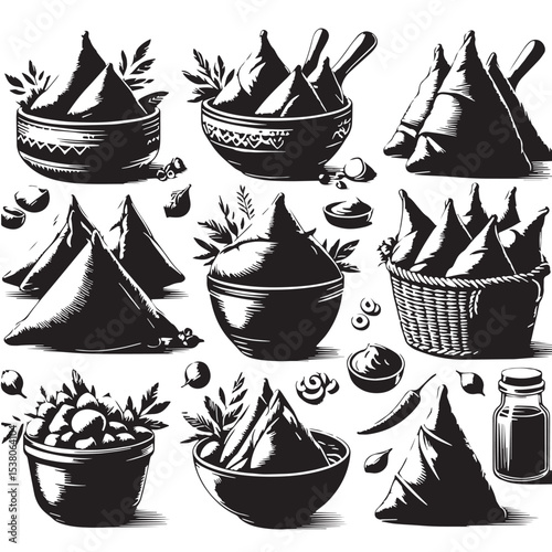 Black Samosas Silhouette Vector, High Quality Illustration on White Background
