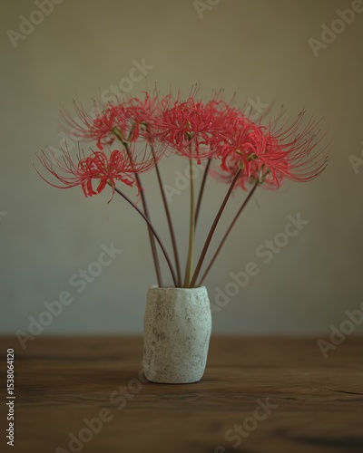 Elegant Red Lycoris Radiata Zen Floral Portrait on Ceramic Vase, Wood Surface, Soft Shadow, Minimalist Japanese Wabi-Sabi Aesthetic