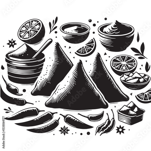 Black Samosas Silhouette Vector, High Quality Illustration on White Background