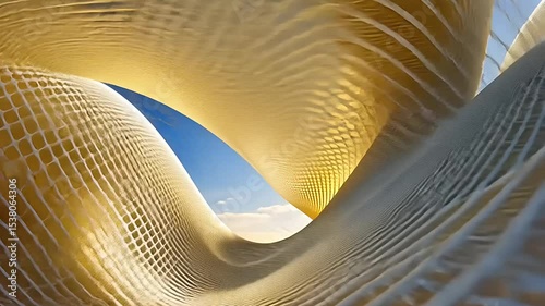 Abstract curves of a soft structure with blue sky peeking through.