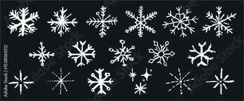 Christmas snowflake set with wax white crayon or charcoal texture. Quirky chalkboard style, perfect for kindergarten Xmas crafts, cards and holiday designs. Vector illustration drawn as if by a child