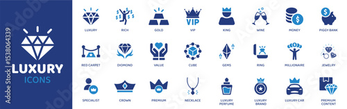 Luxury - Icon Collection. Thin Line Set contains such Icons as Luxury, Gold, Diamond, Pearl, Gem, Wealth, Rich and more. Simple web icons set.
