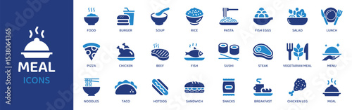 Meal - Icon Collection. Thin Line Set contains such Icons as Meal, Dish, Plate, Course, Starter, Main, Dessert and more. Simple web icons set.