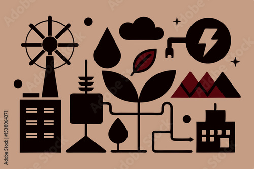 Modern Ecology and Renewable Power Generation Symbols on a Neutral Background