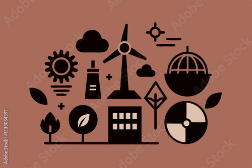 Abstract Flat Design Vector of Clean Energy, Nature, and Industrial Sustainability