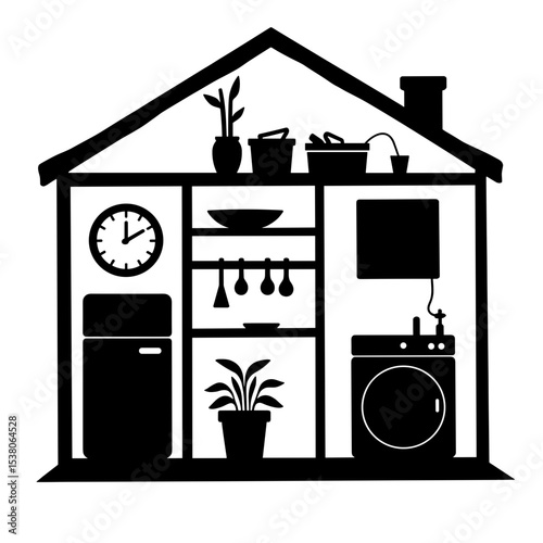 Silhouette of eco-friendly home utility room with appliances, sustainable living