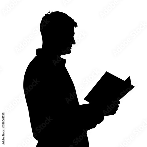 Silhouette of person reading a book on white background, education and learning focus