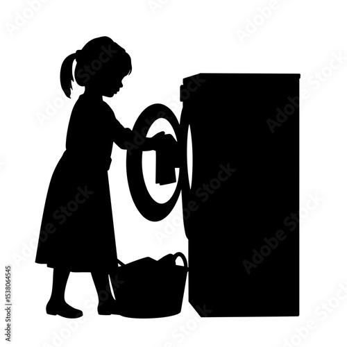 Silhouette of child loading washing machine, family chores involvement