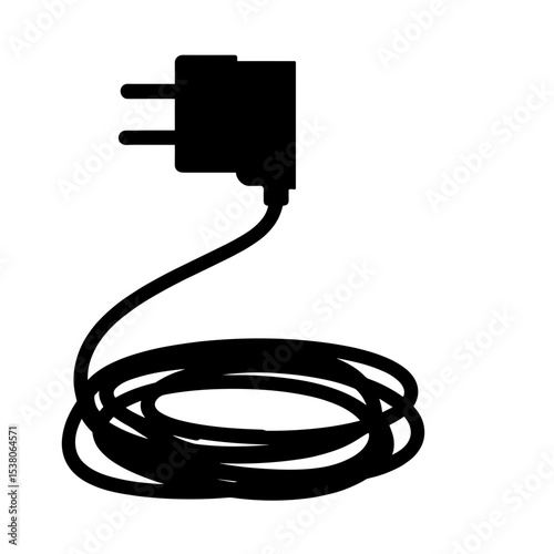 Silhouette of appliance cord with plug on white background, energy efficiency storage