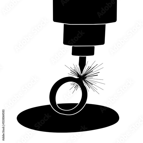 Silhouette of ring engraving with sparks, jewelry precision work, copyspace
