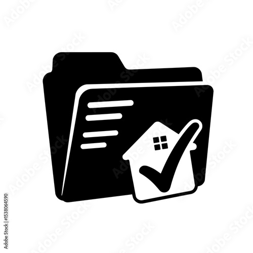 Black and white folder icon with house and checkmark, policy approval concept