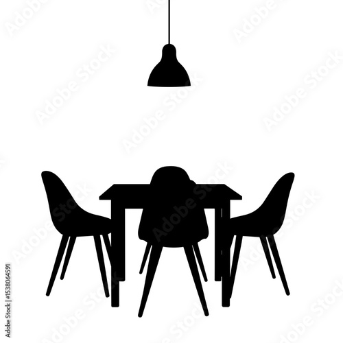 Silhouette of pendant bulb above dining set on white background, minimalist decor