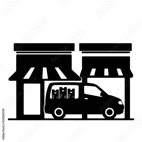 Silhouette of delivery van at storefronts with parcels, black and white retail logistics