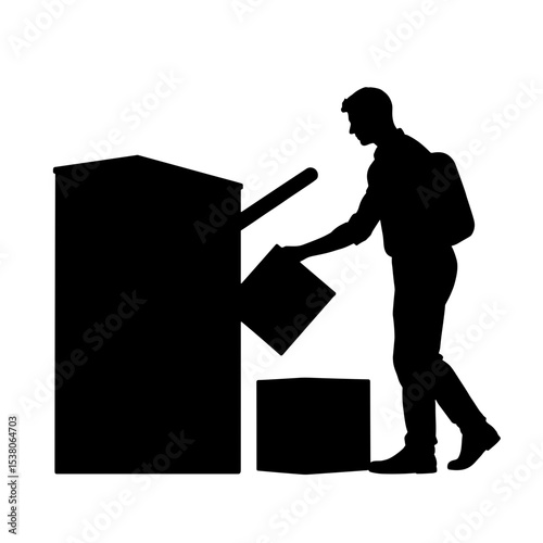 Silhouette of customer returning package into drop-off box, easy returns concept