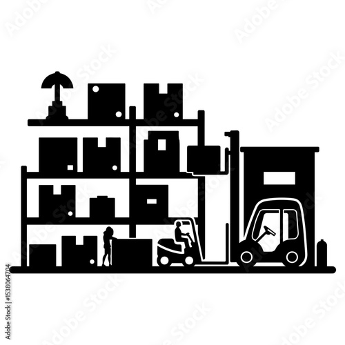 Silhouette of warehouse shelves with forklift and boxes, logistics and inventory management